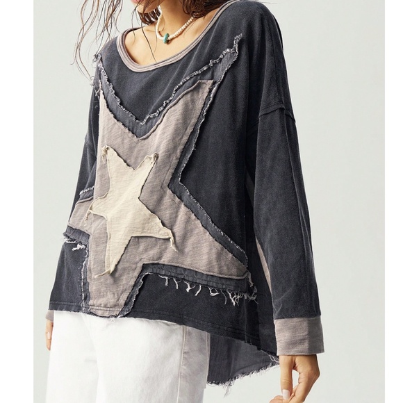Charcoal Star patch Frayed Loose Fit  Long Sleeve Top - Picture 4 of 6